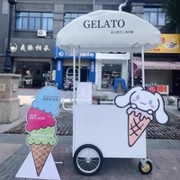 Chariot de vente ambulant compact pour desserts glacés, avec grande capacité de rangement et auvent résistant aux intempéries, idéal pour parcs, plages et activités commerciales.