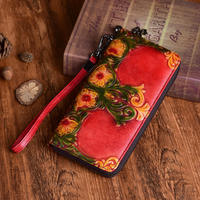 Dompet Wanita Andong Kulit Sapi Asli Vintage Embossed Long Clutch Purse Tas Ponsel Kulit Sapi Asli