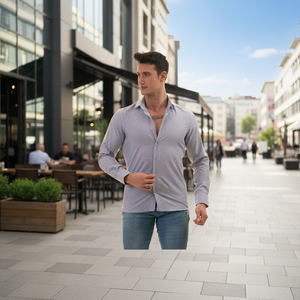 Chemise élégante bleue à motif uni, coupe ajustée, boutonnée, manches longues, pour homme - Product Image 3