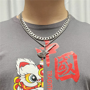 <b>Titanium</b> Steel Guitar Pendant Necklace Men's Retro Rock Style Stainless Steel <b>Chain</b> Everyday Wear Geometric Design - Product Image 3