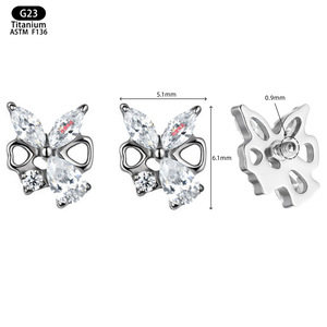 Butterfly <b>Titanium</b> F136 Earrings 5.1mm X 6.1mm Zircon <b>Studs</b> Ear Cartilage Jewelry - Product Image 1