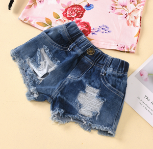 Set di Abbigliamento Personalizzato per Bambine: Top con Maniche a Sbuffo e <span class=keywords><strong>Pantaloncini</strong></span> in Denim <span class=keywords><strong>Blu</strong></span>, Completo Due Pezzi per Bambini - Product Image 4