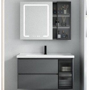 Meuble-lavabo mural gris pour salle de bain avec armoire miroir et lavabo en céramique monobloc - Product Image 1