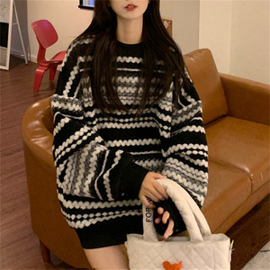 Women's Vintage Striped Pullover Loose Mid-Length <strong>Knitted</strong> Top <strong>Big</strong> <strong>Sweater</strong> for Spring Autumn Winter-Lazy Style - Product Image 2