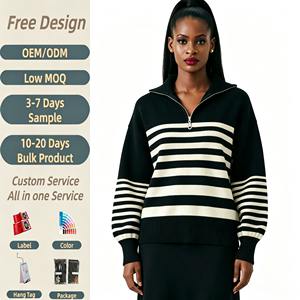 Maglione da <span class=keywords><strong>Donna</strong></span> Lavorato a Maglia con Mezza Zip, <span class=keywords><strong>Collo</strong></span> <span class=keywords><strong>Alto</strong></span>, Nero con Strisce Crema, Spalle Cadenti, Maniche a Palloncino, Pullover Invernale - Product Image 2