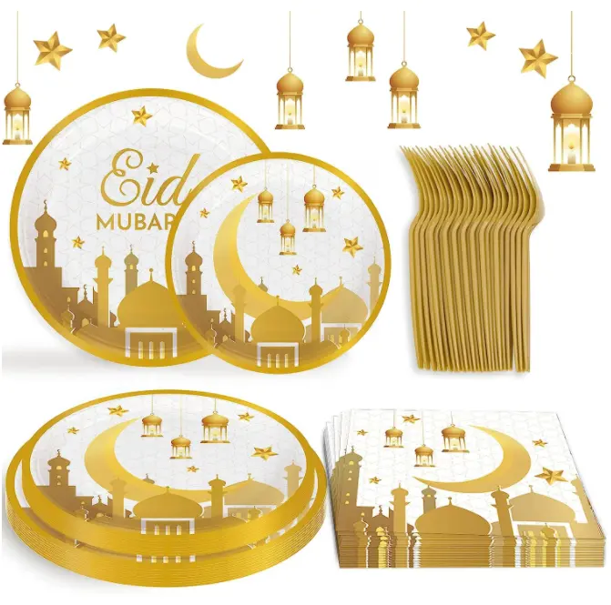 Forniture per feste Ramadan Home Eid Mubarak Ramadan piatti in oro nero portatovaglioli coltelli cucchiai forchette per decorazioni per feste musulmane Ramadan