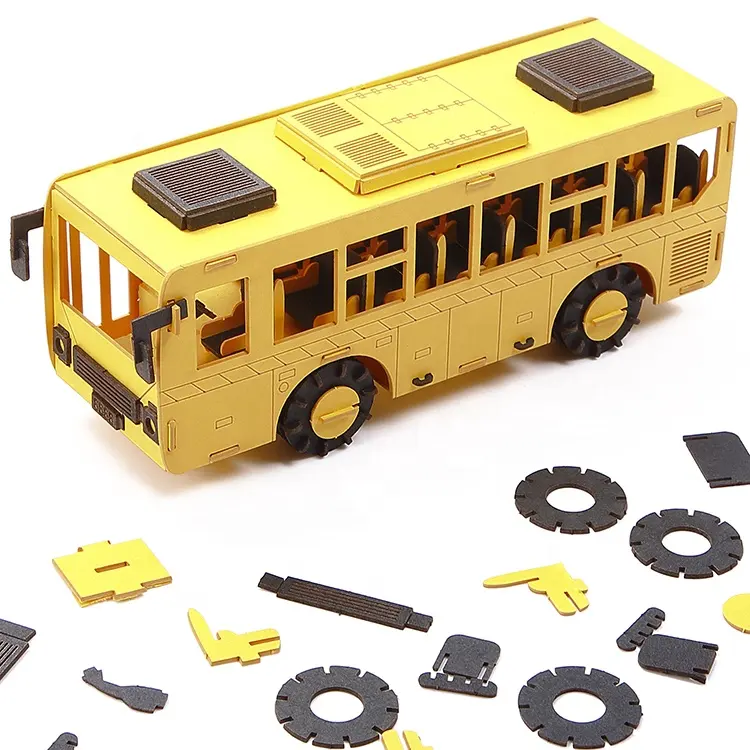 Mooie 3D Kartonnen Puzzel Gele Bus Model Speelgoed Voor Kinderen