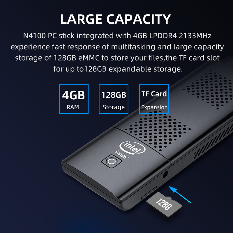 Portable Mini Pc Bâton Intel Celeron Quad Cores N4100 4 GO LPDDR4 128G eMMC 4K HD Affichage Windows10 linux Ordinateur