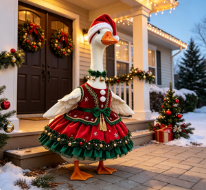 Winter Christmas Goose Outfit Set Dress Santa Hat Bells Wreath Outdoor Garden Holiday Decoration - Product Image 5