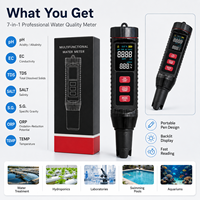 Testeur de qualité de l'eau portable 7-en-1 à alimentation directe pour stylo, mesure TDS, EC, pH, ORP, salinité, avec écran rétroéclairé, précision 2.