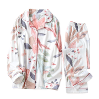Conjunto de pijamas de algodón estampado para mujer, ropa de dormir informal suave de manga larga con cuello vuelto y largo completo, temporada de primavera