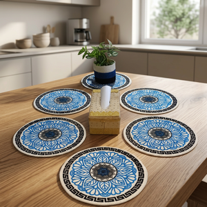 Ensemble de sets de table ronds tressés à motif géométrique, style bohème, chemin de table et sets de table pour la salle à manger à la maison - Product Image 5