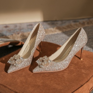 Winter French Pointed Rhinestone High Heeled Shoes Stiletto <b>Heel</b> Genuine Leather Upper Evergreen Sexy Phoenix Style - Product Image 2