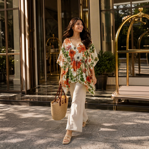 Boho Floral Print <b>Kaftan</b> Tunic Top Women Summer V Neck Adjustable Drawstring Waist Loose Fit <b>Beach</b> Cover Up Short Robe - Product Image 1