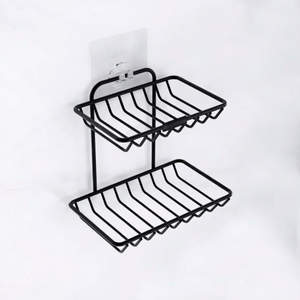Estante de metal de doble nivel para jabón, soporte de almacenamiento para baño autoadhesivo montado en la pared, diseño minimalista, color negro - Product Image 3