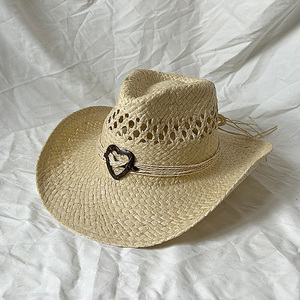 2025 rộng vành tay bện mùa hè Mũ rỗng hình trái tim trang trí unisex mũ rơm cao bồi - Product Image 1