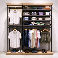 Étagère à vêtements murale avec cadre métallique gris et panneau en bois, plateau à chaussures et tringle de suspension, CE ETL, vente en gros pour boutiques