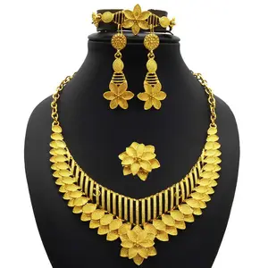 Dubai Indian Luxury Big Pendant 24K Gold Plated Necklace Earrings Bracelet Ring 4pcs/Set Bridal Jewellery for Gifts