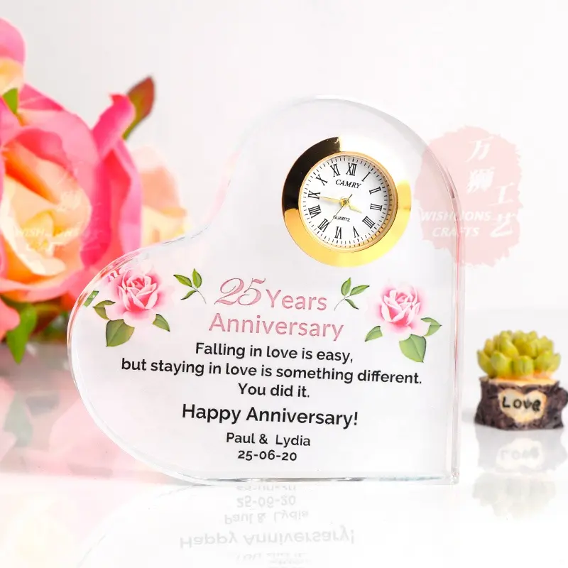 La migliore vendita K9 Crystal Decoration Custom Made Clock regalo di cristallo di vetro a forma di cuore per la coppia di anniversario di matrimonio CWG-01F
