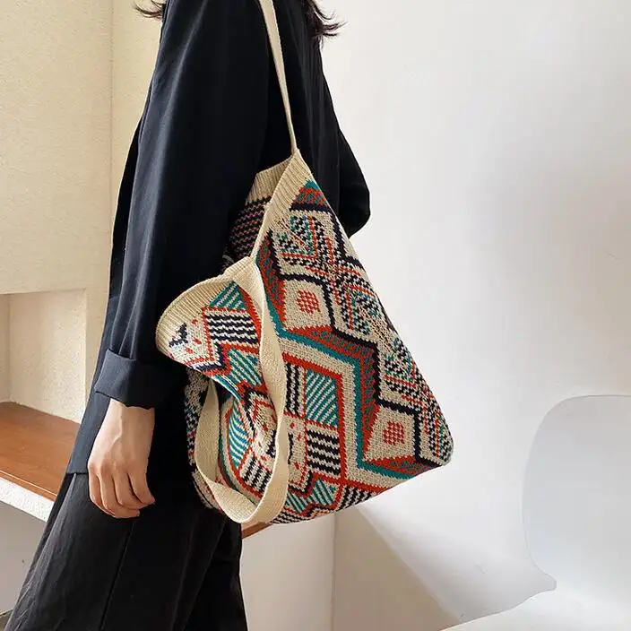 Borsa Tote da donna in maglia Gypsy bohémien Boho Chic Aztec da donna uncinetto di lana aperta Shopper borsa con manico superiore 2022 donna