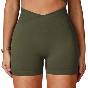 Pantalones cortos de Yoga para gimnasio sin costuras de alta elasticidad para mujer, pantalones cortos de culturismo suaves para levantamiento de glúteos con cintura cruzada - Product Image 3