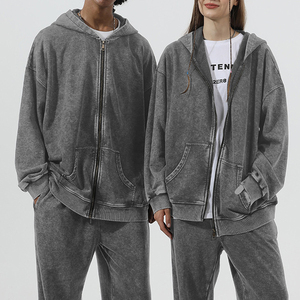Sweat à capuche zippé en coton molletonné avec logo personnalisé, style streetwear épais, épaules tombantes, effet délavé vintage - Product Image 3