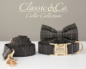 Đen Tweed cá nhân con chó cổ áo BOW TIE Dây Xích thiết lập, tùy chỉnh khắc tên vật nuôi kim loại khóa, lilac sinh nhật Puppy quà tặng, miễn phí - Product Image 3