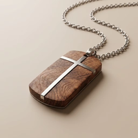 Collection de bijoux pour hommes en acier inoxydable avec incrustation de bois naturel, anti-ternissement : Collier croix, médailles d'identification, bague et bracelet en cuir