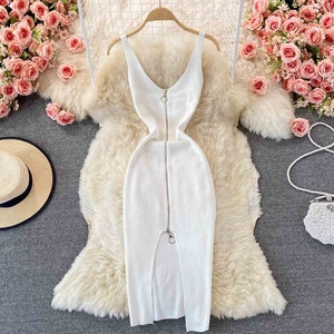 Nuevo Vestido Midi de Verano, Sexy, con Cuello en V, Cierre de Cremallera, Transpirable, de Punto Sólido - Product Image 4