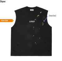 Débardeur Homme Vintage Délavé à Logo Personnalisé, Gilet Musculaire Sportif Premium Effet Usé avec Perles, Style Grunge Streetwear Sans Manches