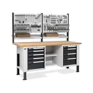 Banco de trabajo ajustable Fami Master BR 200cm con tapa de madera, 2 cajones y pared perforada - Product Image 2