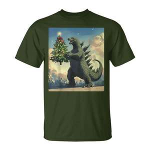 T-shirt monstre japonais Kaiju portant un sapin de Noël - Product Image 1