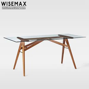 WISEMAX FURNITURE Italian luxury dining room furniture set x shaped wooden legs transparent glass top dining table sets for home