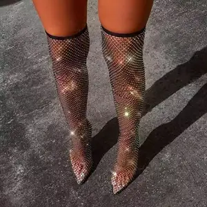 Botas de malla transparente para mujer, botines hasta la rodilla con diamantes de imitación, altos y puntiagudos, de verano, 2023