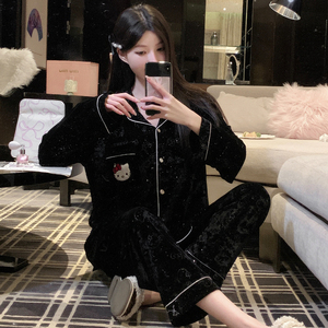 <span class=keywords><strong>ชุด</strong></span>นอน RY6821 # สีดำ KT <span class=keywords><strong>ชุด</strong></span>นอนแขน<span class=keywords><strong>ยาว</strong></span>ของผู้หญิงสีทองผ้ากำมะหยี่สำหรับฤดูใบไม้ร่วงและฤดูหนาว - Product Image 4