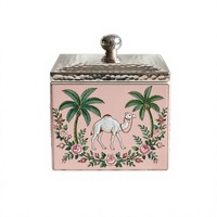 Boîte à dattes rose en métal émaillé imprimé, pot de rangement carré, motif palmier chameau, design floral, boîte de luxe pour dattes, Ramadan
