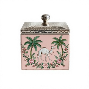 pink dates <b>box</b> enamel printed metal container square <b>storage</b> jar camel palm tree motif <b>floral</b> design luxury khajur <b>box</b> ramadan g - Product Image 1