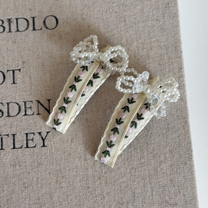 2pcs/Set Spring Floral Embroidered Pearl Bowknot Metal & Fabric <b>Hair</b> Clips for Women & Girls-Elegant Side Clips Bangs Wedding - Product Image 4