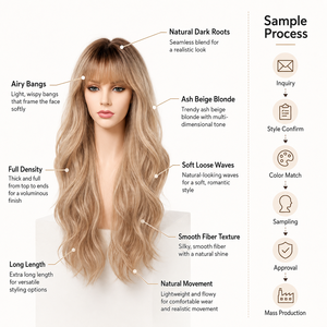 Perruque Body Wave à franges, racine foncée, beige blond, résistante à la chaleur, en fibres haute température, sans colle, directement de l'usine - Product Image 3