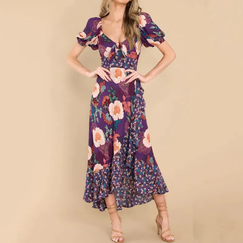 2023 Custom Sexy Polyester Women V Neck Purple Printing Bow Knot Bubble Sleeve Open Back Waist Irregular Women Maxi Dresses