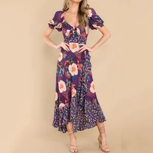 Robe Maxi en Polyester pour femmes, col en V, imprimé violet, nœud papillon, manches à bulles, dos ouvert, taille irrégulière, 2023