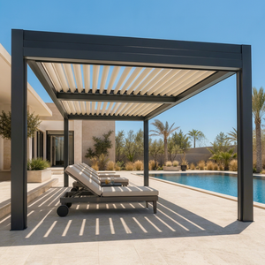 Pérgola moderna de aluminio RKOVE RK-C1 con techo de lamas, estructura rectangular con marco negro para sombra de piscina exterior, con luz LED - Product Image 1