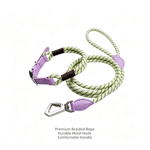 Ensemble collier et laisse pour chien en corde tressée OEM ODM, cuir PU souple renforcé, boucle réglable, laisse pour chien de taille moyenne à grande, pour extérieur - Product Image 2