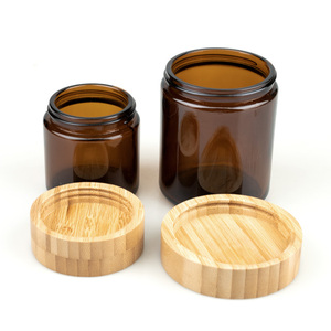 Vietnam Glass Storage <b>Containers</b> Empty <b>Recycled</b> Straight Sided Amber Glass Candle Jars With Wooden Caps - Product Image 3