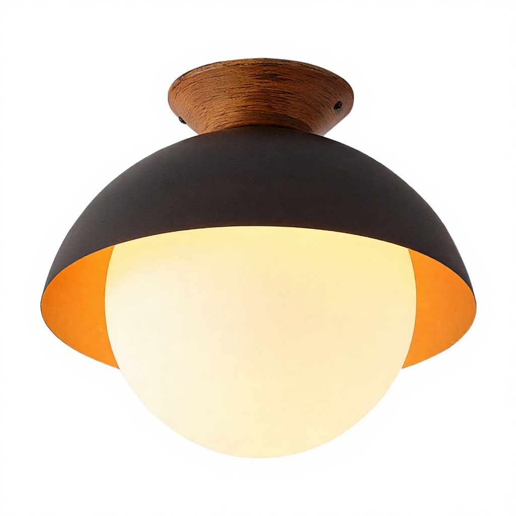 Wood Base Semi Circle LED AC Ceiling Lamp Black Acrylic Frosted Globe Surface Mounted Ceiling Light for Bedroom Hallway