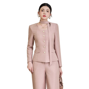 Women's Two Piece Suit Set Black <b>Wool</b> Blend Full Sleeve O Neck Elegant Autumn Workwear Pantsuit - Product Image 4
