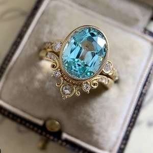 Crown Blue Zircon <b>Ring</b> <b>Set</b> for Women <b>Gold</b> Elegant Oval Luxury Fashion Statement Jewelry Gift - Product Image 2