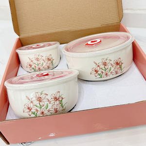 गर्म बिक्री फूल सिरेमिक चावल कटोरे ताज़गी कटोरे तीन-टुकड़ा उपहार बॉक्स उपहार सेट खाद्य भंडारण कंटेनर सिरेमिक कटोरे ढक्कन के साथ सेट - Product Image 5