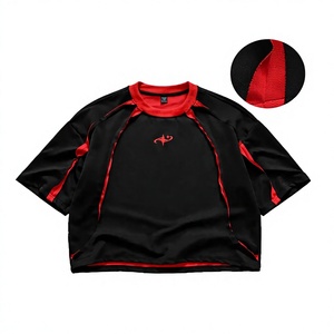 <b>Men's</b> <b>Black</b> <b>Red</b> Raglan Sleeve Sporty T-<b>Shirt</b> Embroidered Logo Quick Dry Regular Fit O-Neck Knitted Polyester - Product Image 1