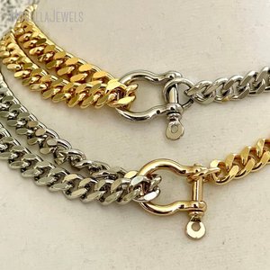 NM51613 Miami <span class=keywords><strong>Multicouche</strong></span> Plaqué Or Hiphop Mode Bijoux en Acier Inoxydable Cubain <span class=keywords><strong>Double</strong></span> Chaîne Mousqueton <span class=keywords><strong>Collier</strong></span> pour Femmes Hommes - Product Image 2